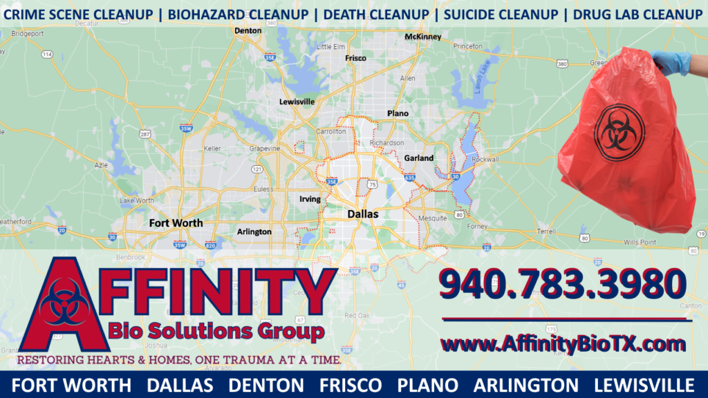 Crime Scene Cleanup and Biohazard Cleanup Service Areas Map - DFW, Dallas, Fort Worth, Denton, Lewisville, Arlington, Frisco, Plano, Irving, McKinney, Texas